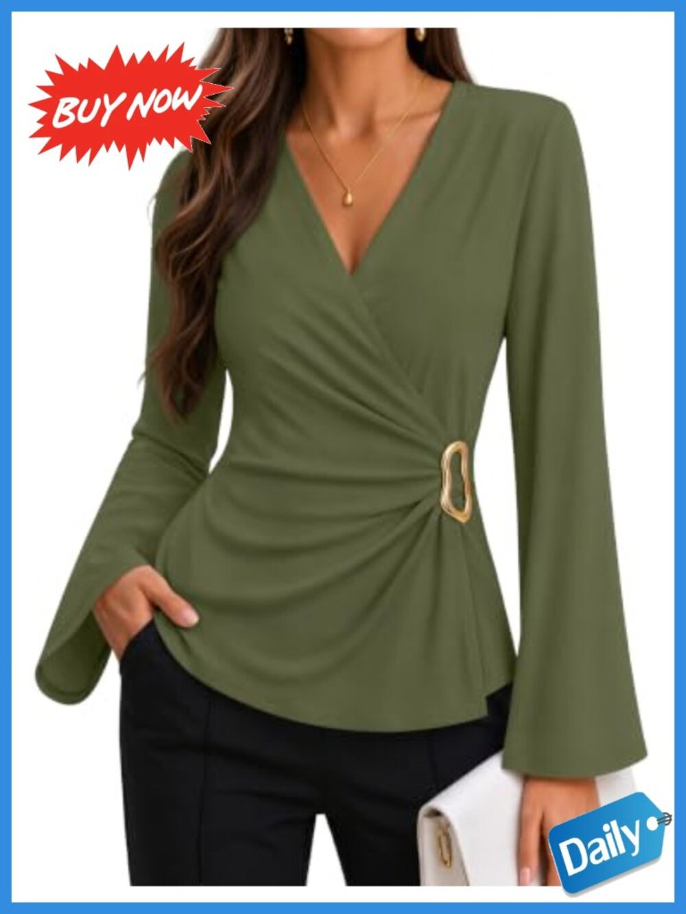 Women's Wrap V-Neck Bell Sleeve Business Casual Blouse